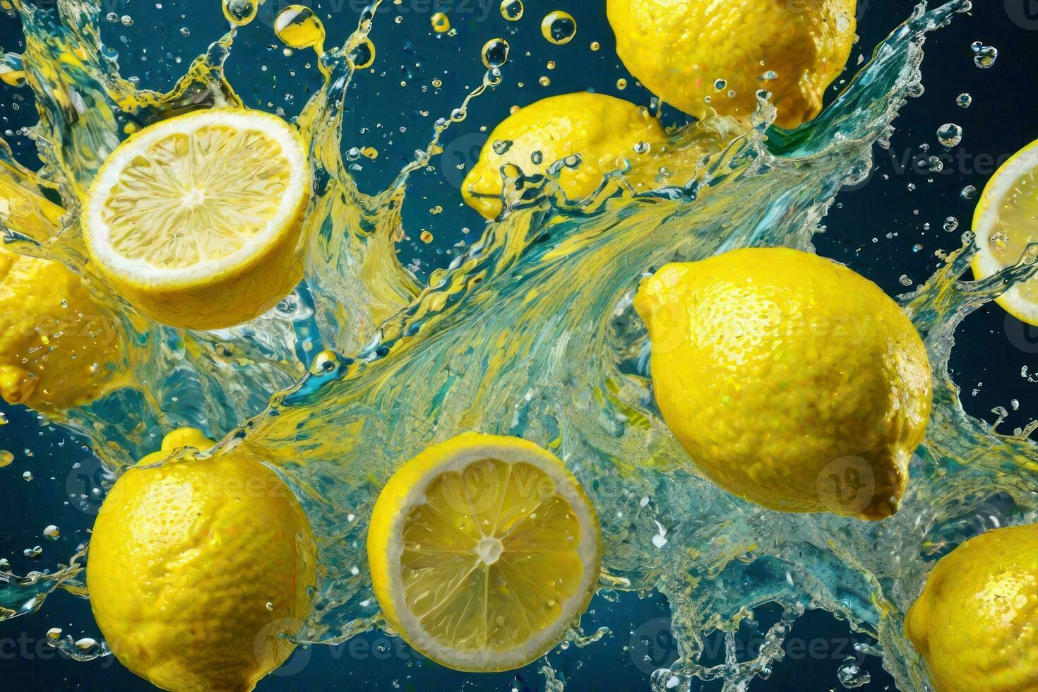 limoni e suo fette caduta in acqua e schizzi. generativo ai foto