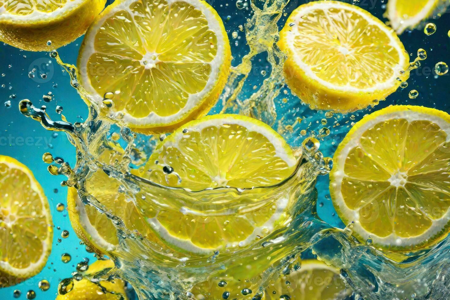 limoni e suo fette caduta in acqua e schizzi. generativo ai foto