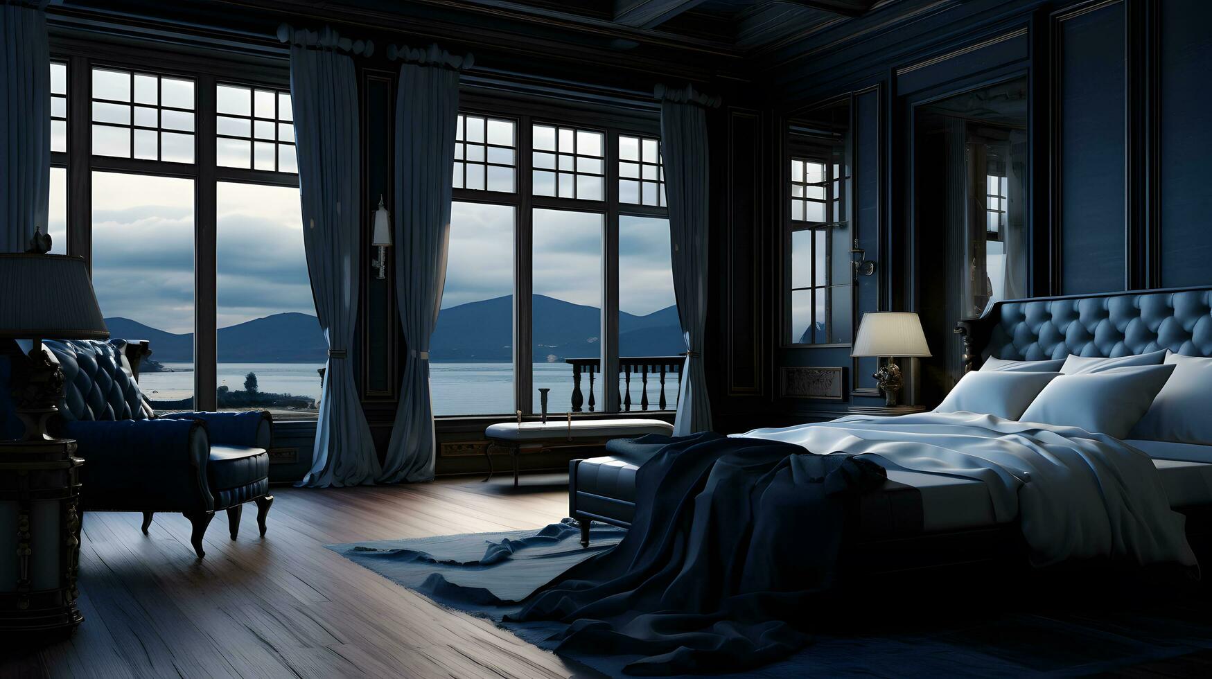 lusso Camera da letto suite nel Hotel con mare Visualizza nel sfondo ai generato foto