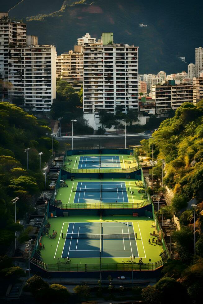 tennis Tribunale nel il mezzo di il città con un appartamento edificio nel il sfondo ai generato foto
