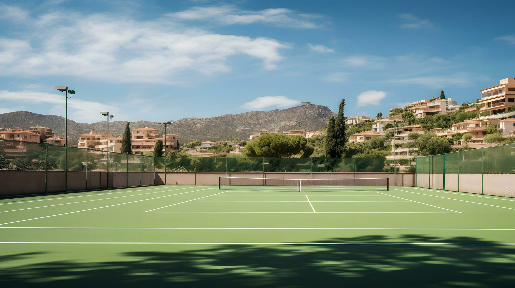 tennis Tribunale nel il città su un' soleggiato giorno ai generato foto