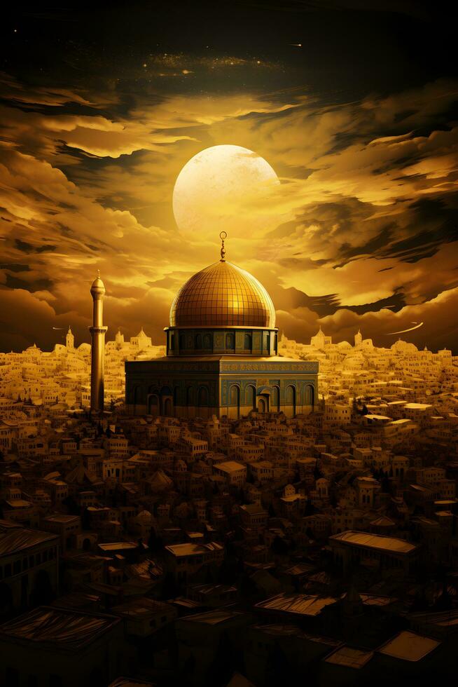 Palestina moschea nel il città a notte con Luna ai generato foto
