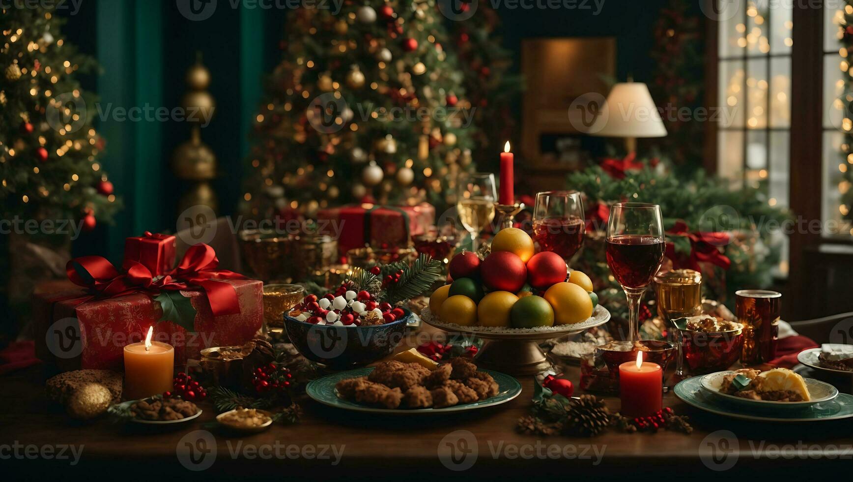 allegro Natale e nuovo anno sfondo regalo scatole e stella luci con i fiocchi di neve e Natale palle generativo ai foto