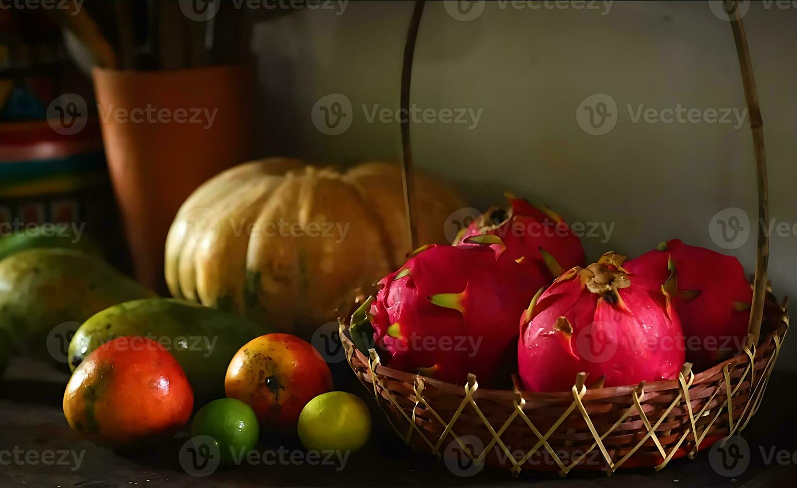 rosso Drago con mescolare frutta, mucchio di fresco e dolce Drago frutta nel un' verde cestino foto