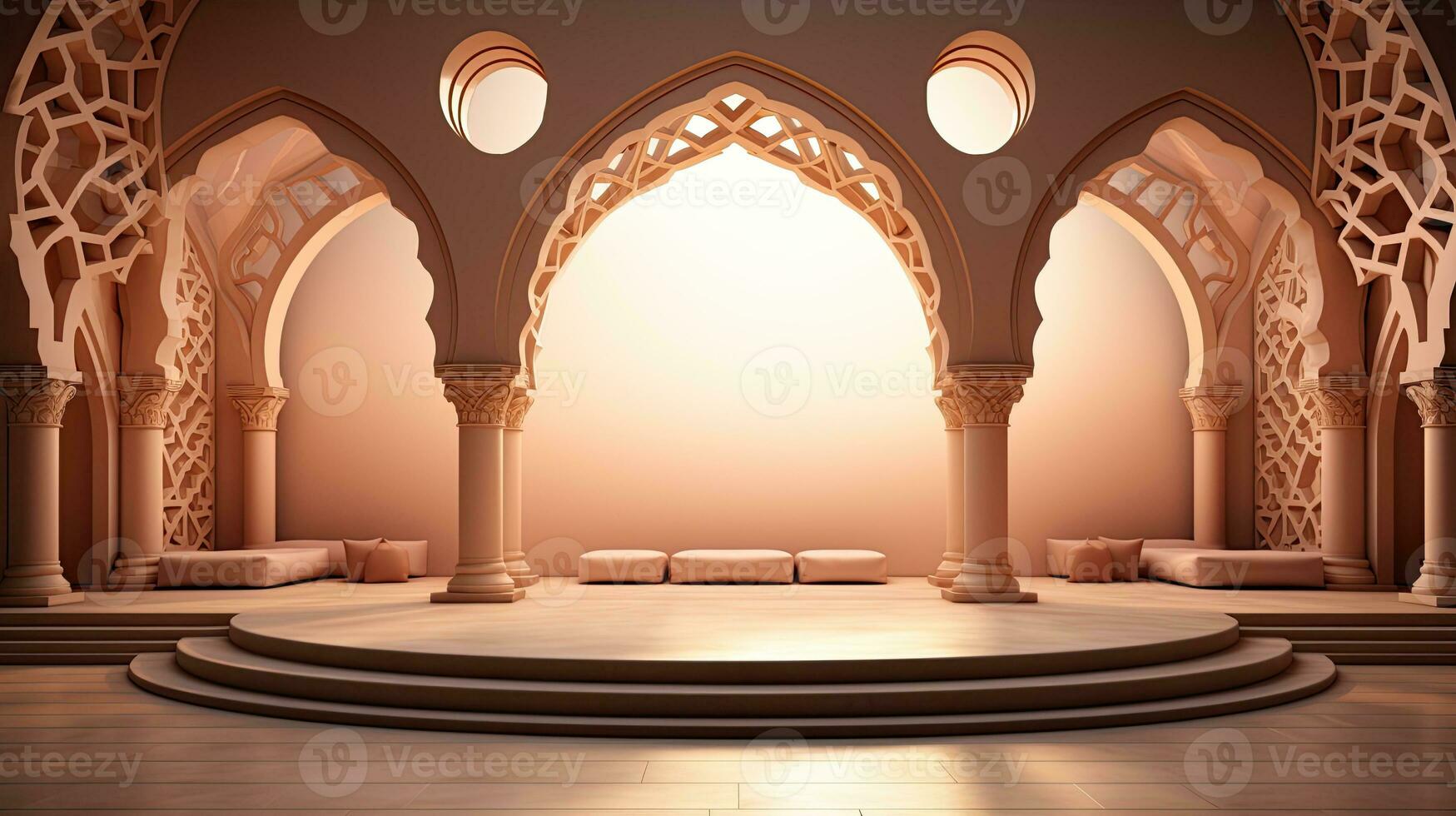 podio sfondo nel Ramadan vacanza minimalismo stile . orientale Arabo design con occhiali da sole di beige colori. ai generativo foto