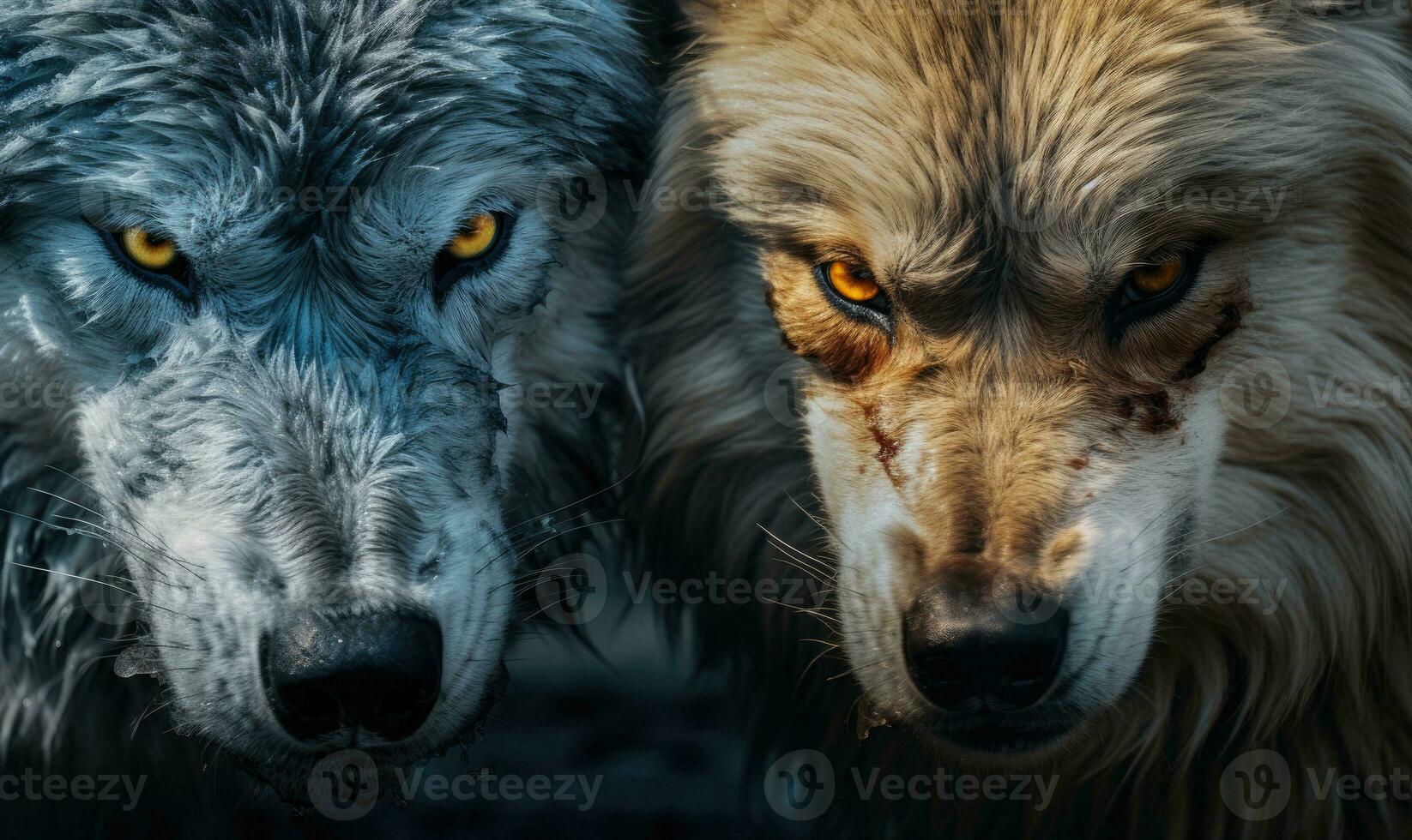intenso sguardi di Due lupi in mostra loro potenza, ai generativo. foto