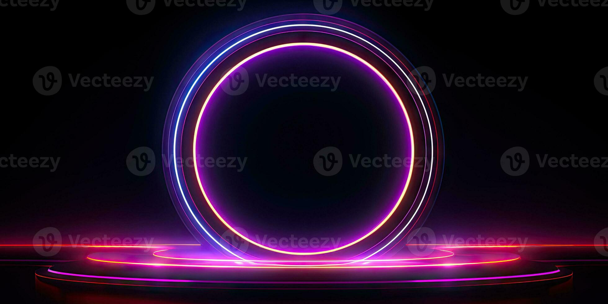 un' luminoso neon cerchio domina il buio scena, suo ondulato luci. ai generativo. foto