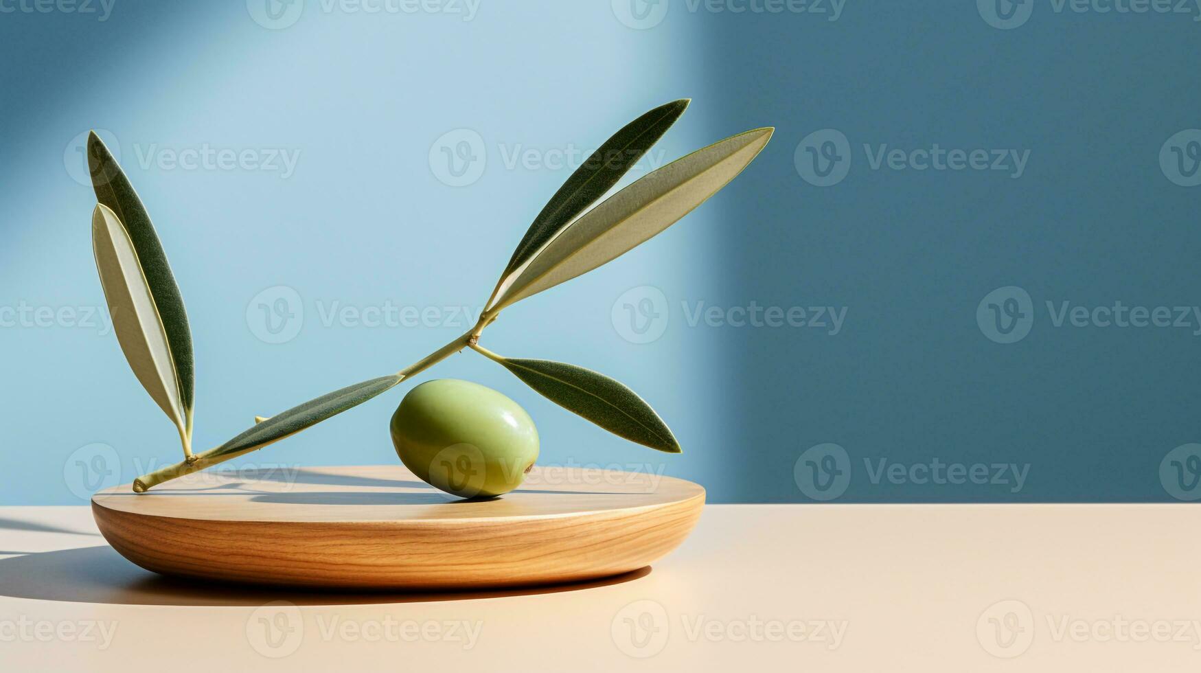 foto di oliva su un' minimalista tavolo. generativo ai