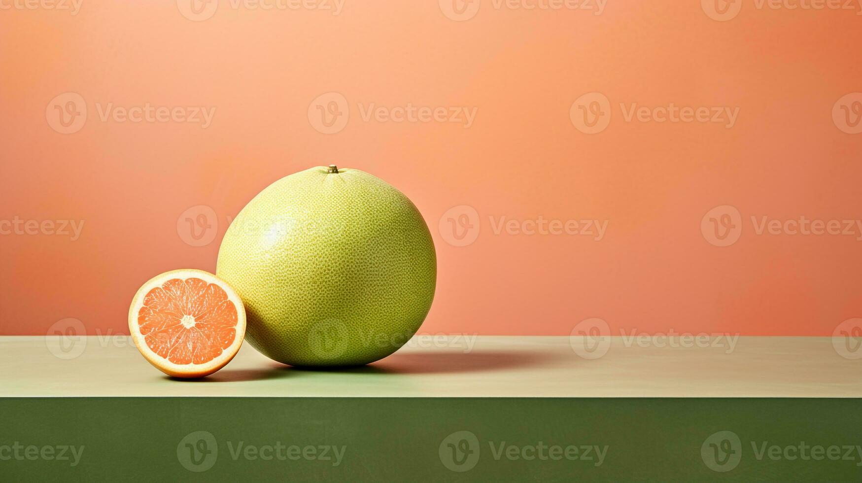 foto di pomelo su un' minimalista tavolo. generativo ai