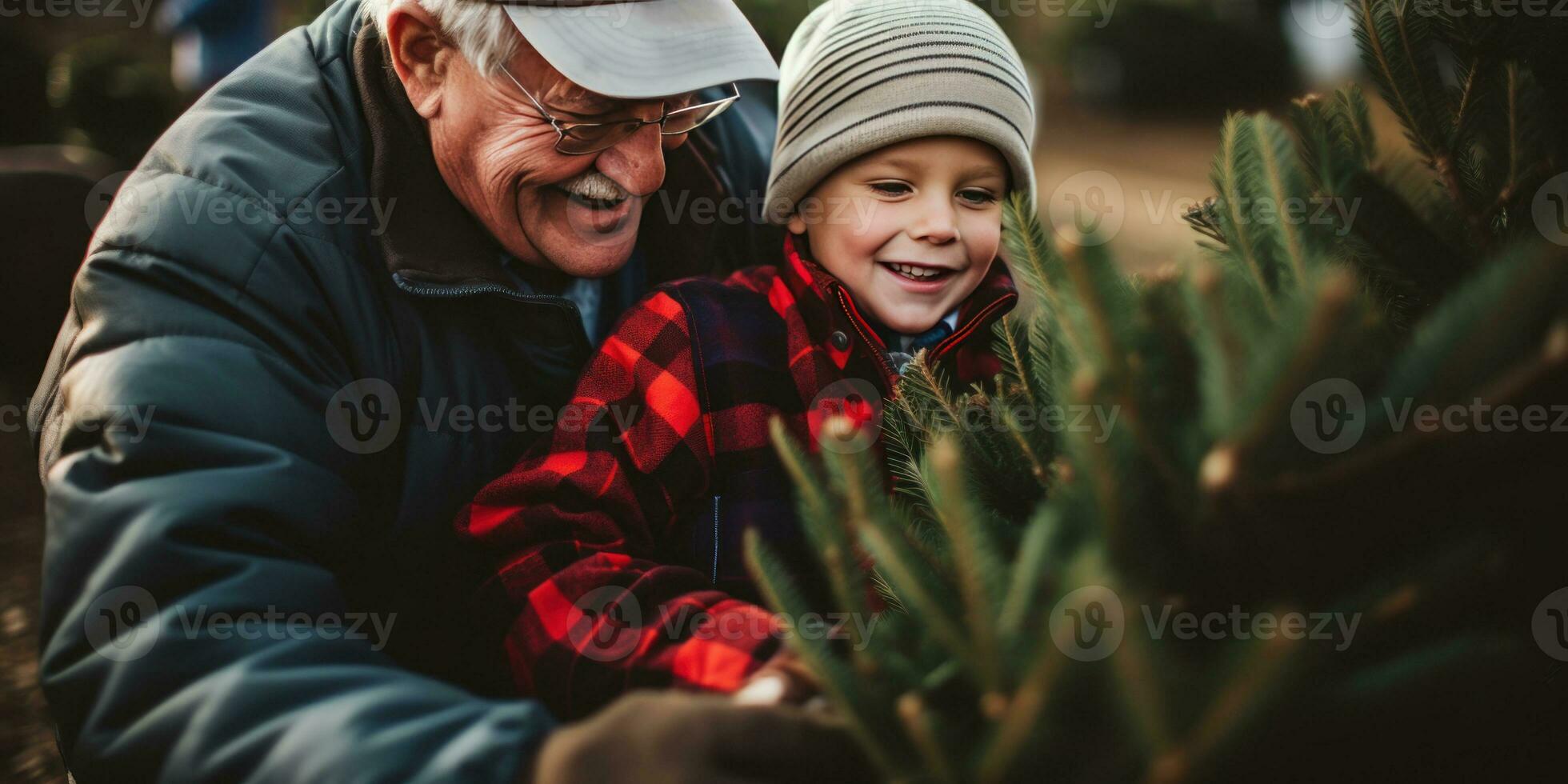 Nonno e nipote raccolta su un' Natale albero. ai generativo. foto