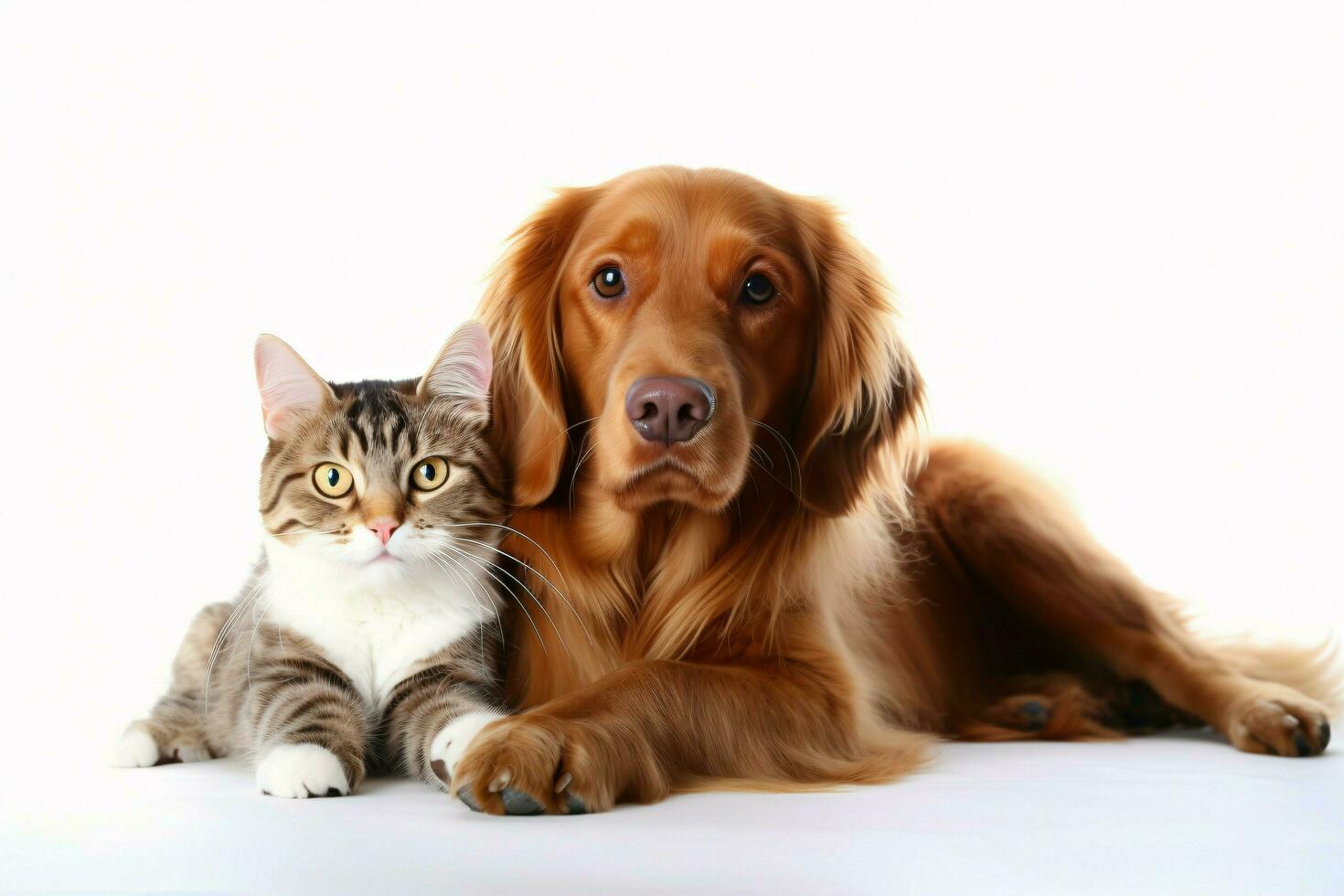 foto cane e gatto su un' pianura bianca sfondo. ai generato