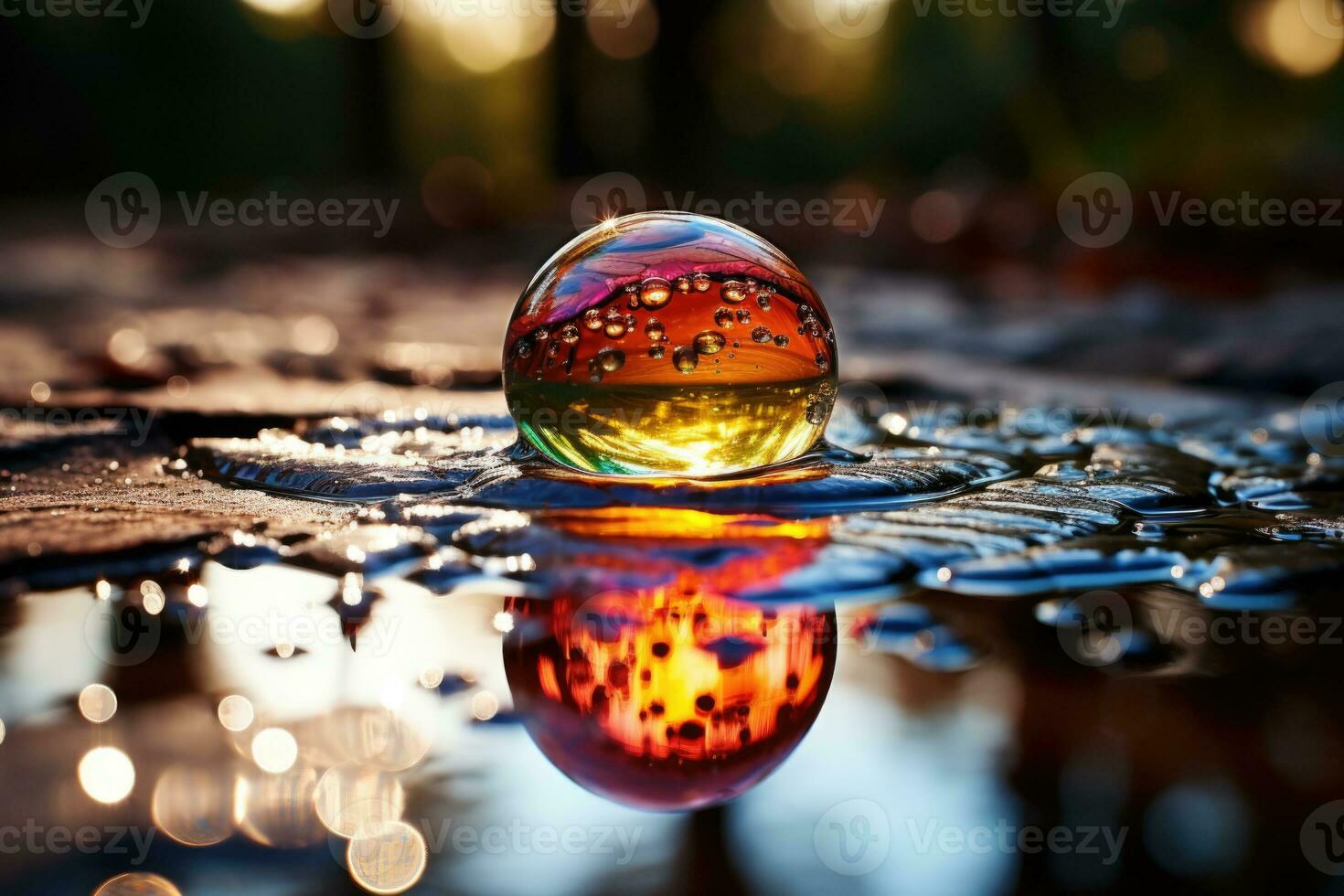 lato macro Visualizza di arcobaleno acqua gocce nel un' pozzanghera, astratto sfondo. generato di artificiale intelligenza foto