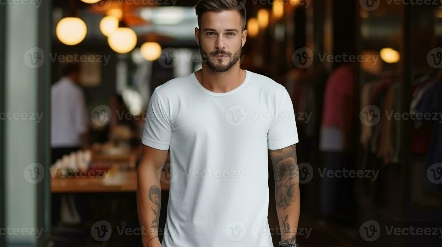 uomo indossare bianca tee camicia modello posizionamento. camicia modello modello. maschio indossare casuale tee camicia foto