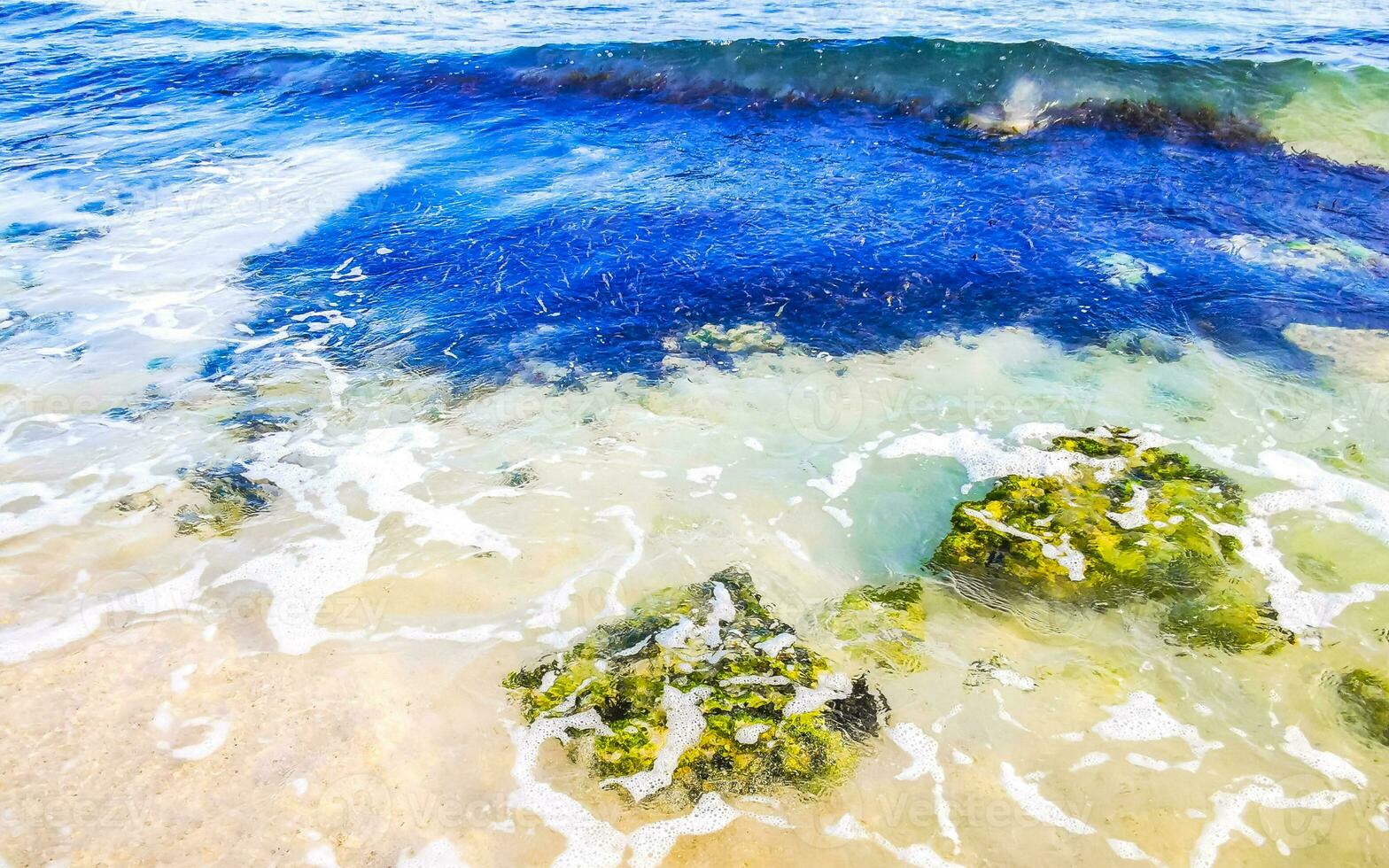 pietre rocce coralli turchese verde blu acqua su spiaggia Messico. foto