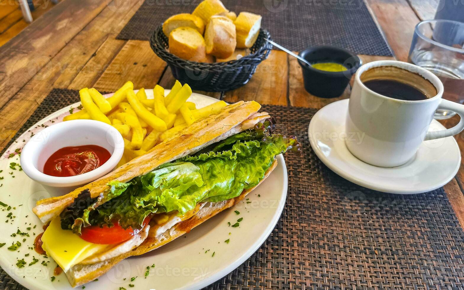 baguette Sandwich crostini pane con pollo pomodoro insalata patate patatine fritte. foto