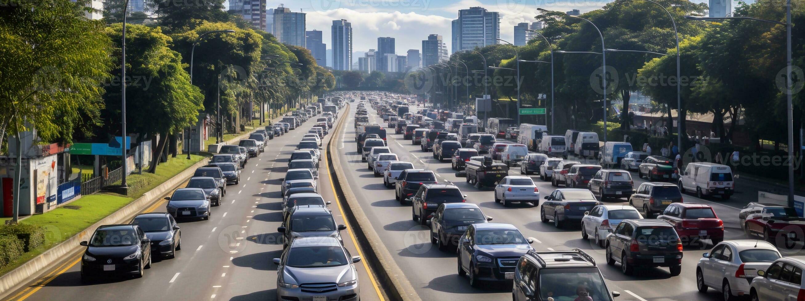 Immagine di traffico marmellata nel strada. traffico marmellata a corsa ora. traffico bloccare a strada generativo ai foto