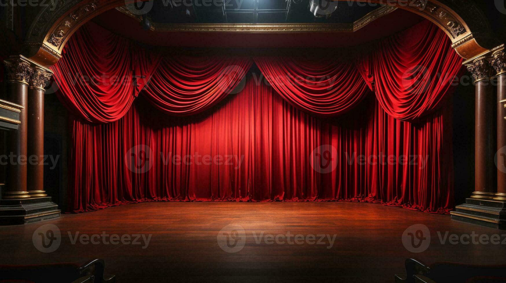 drammaticamente illuminato brillante rosso velluto Teatro le tende e di legno palcoscenico pavimento. generativo ai. foto