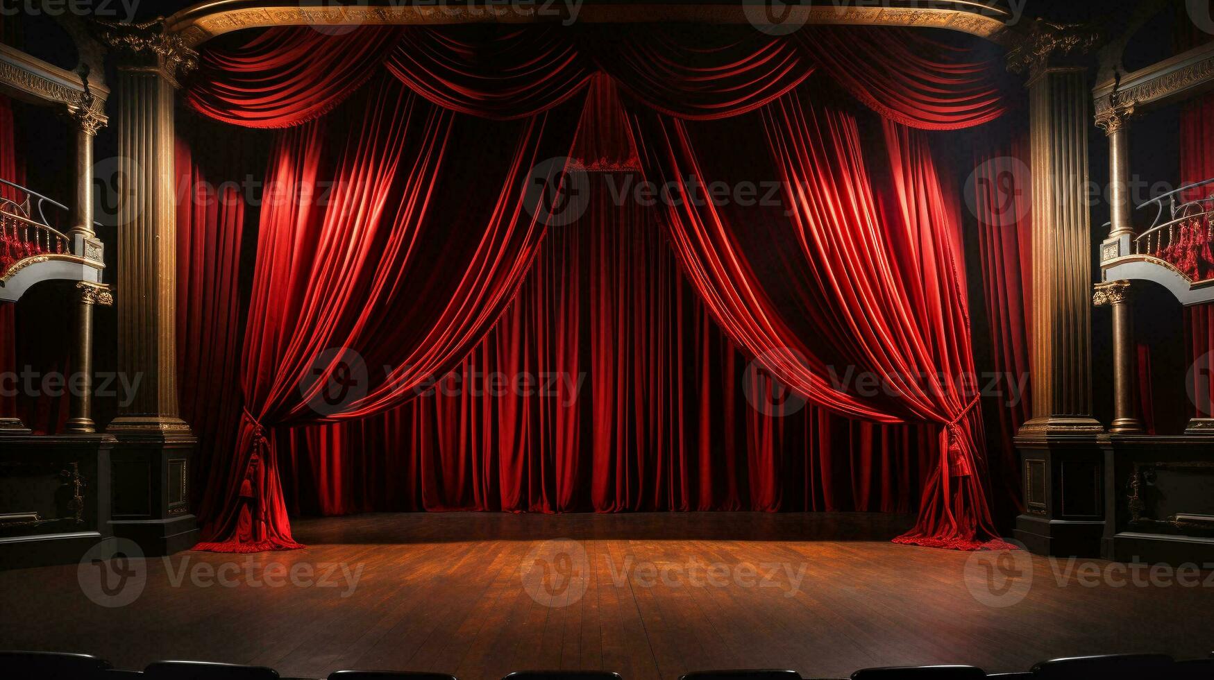 drammaticamente illuminato brillante rosso velluto Teatro le tende e di legno palcoscenico pavimento. generativo ai. foto