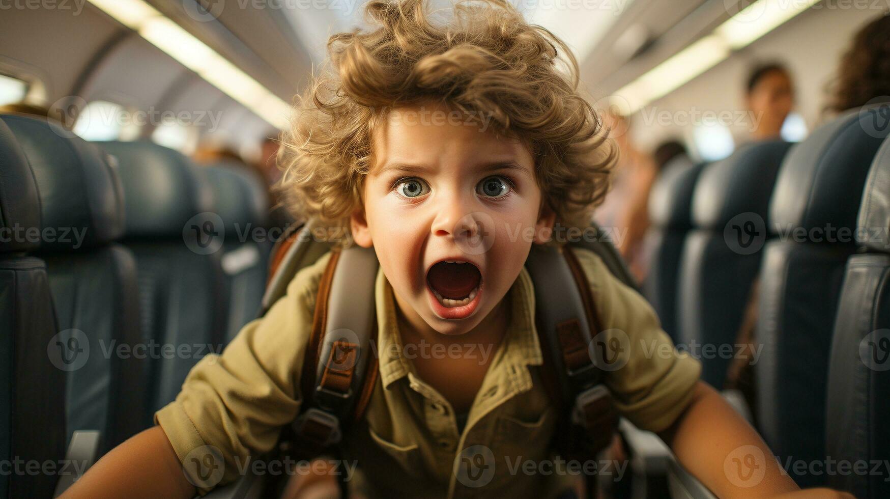 arrabbiato bambino causando caos su un aereo fastidioso tutti su tavola. generativo ai. foto
