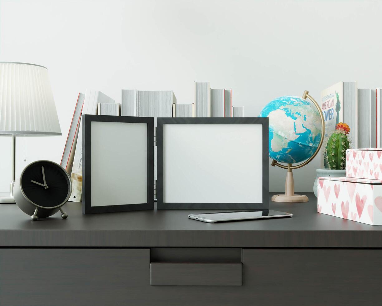 una sala studio con un libro appoggiato su un tavolo nero con cornice. foto