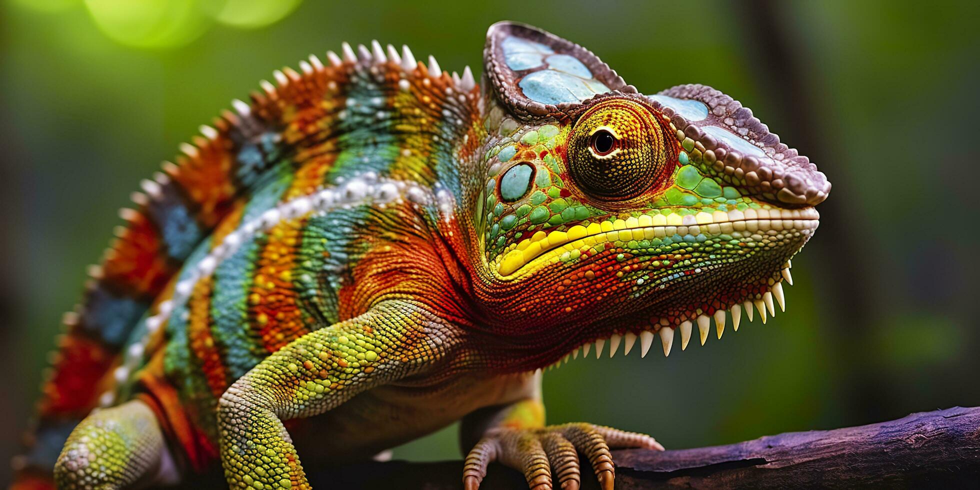 un' colorato vicino su camaleonte con un' alto cresta su suo testa. generativo ai foto