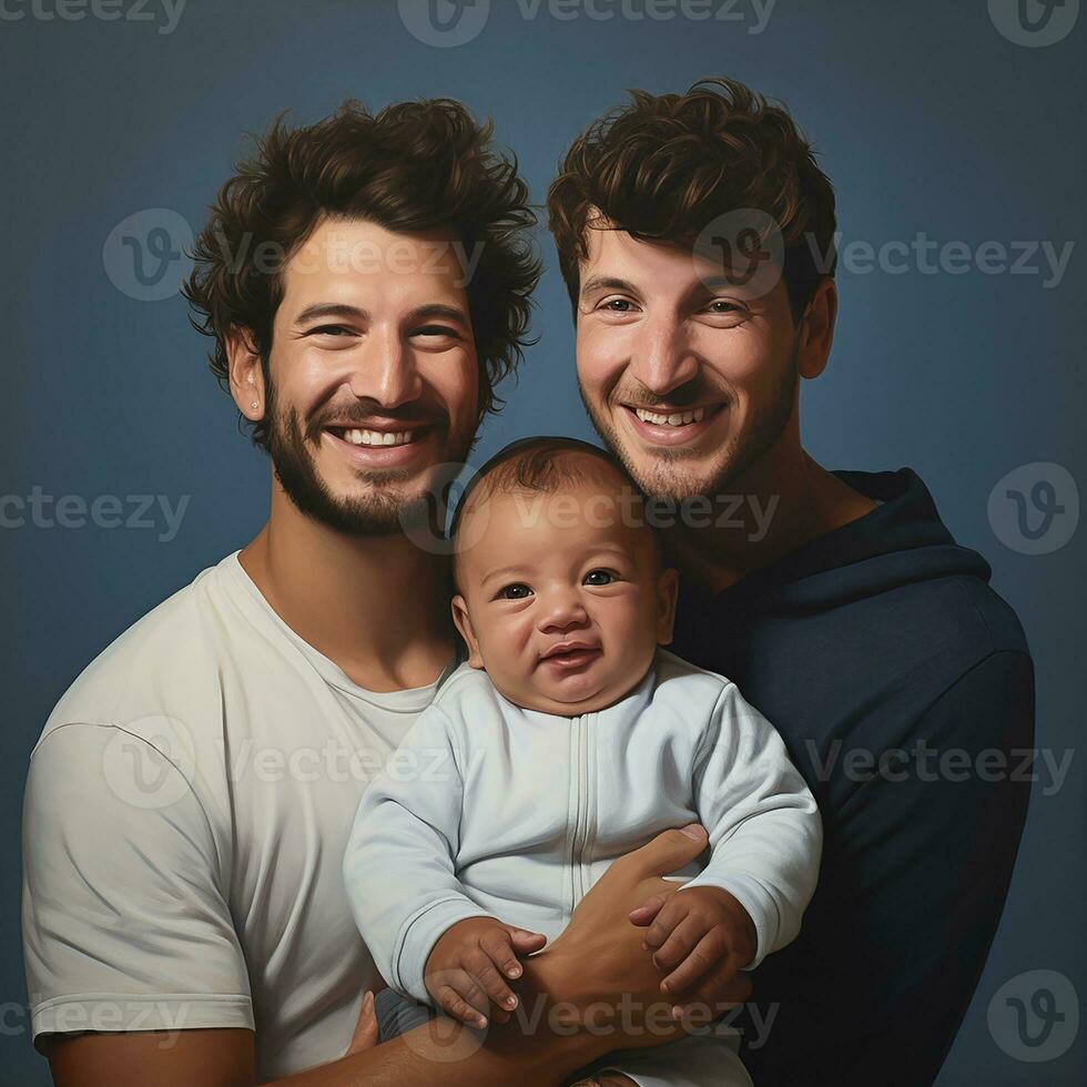 fotorealistico Immagine di Due giovane uomini con un' bambino. adozione di lgbt coppie, adottato bambini nel dello stesso sesso famiglie. ai generato foto