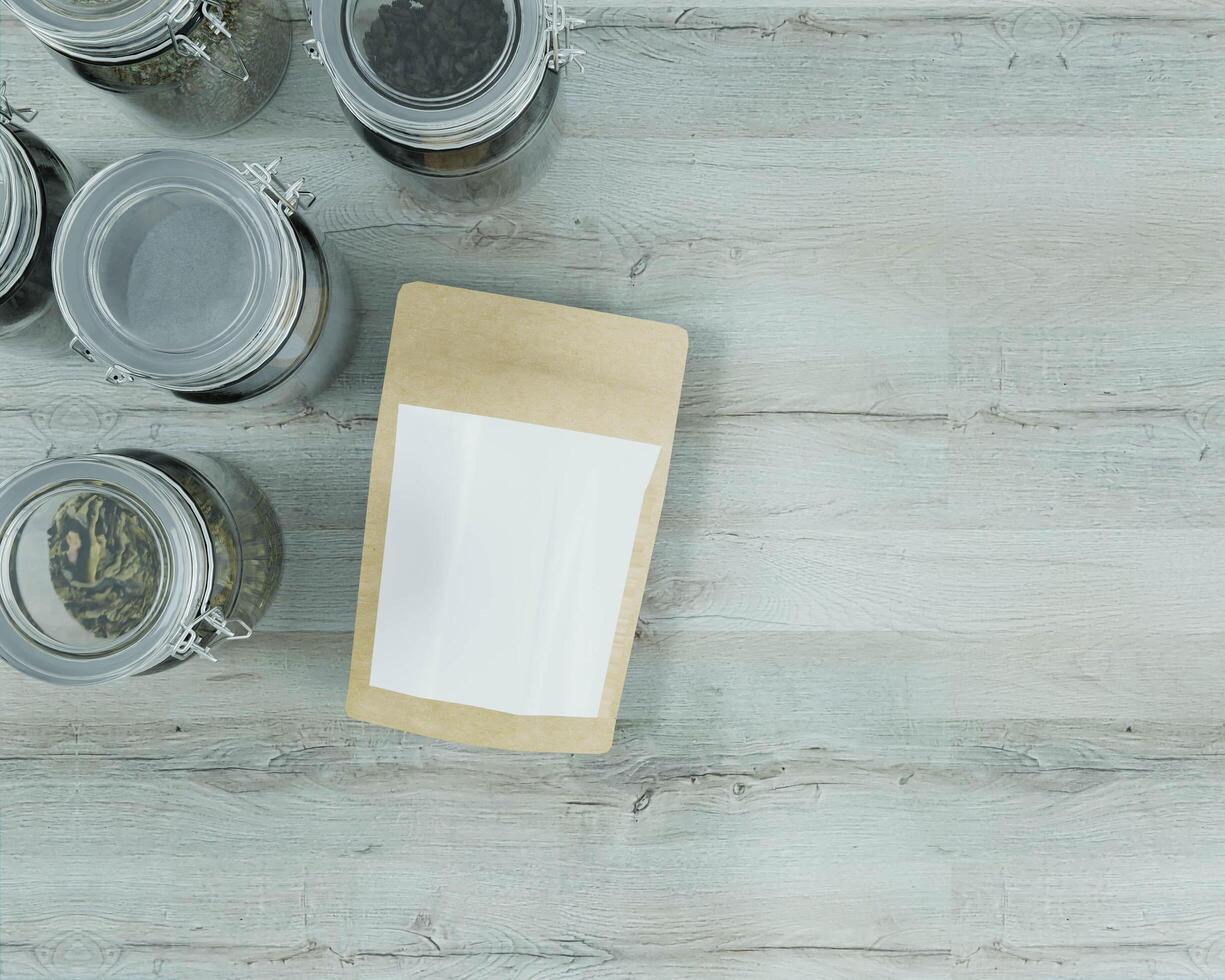 sacchetti di carta e barattoli su un pavimento di legno bianco foto