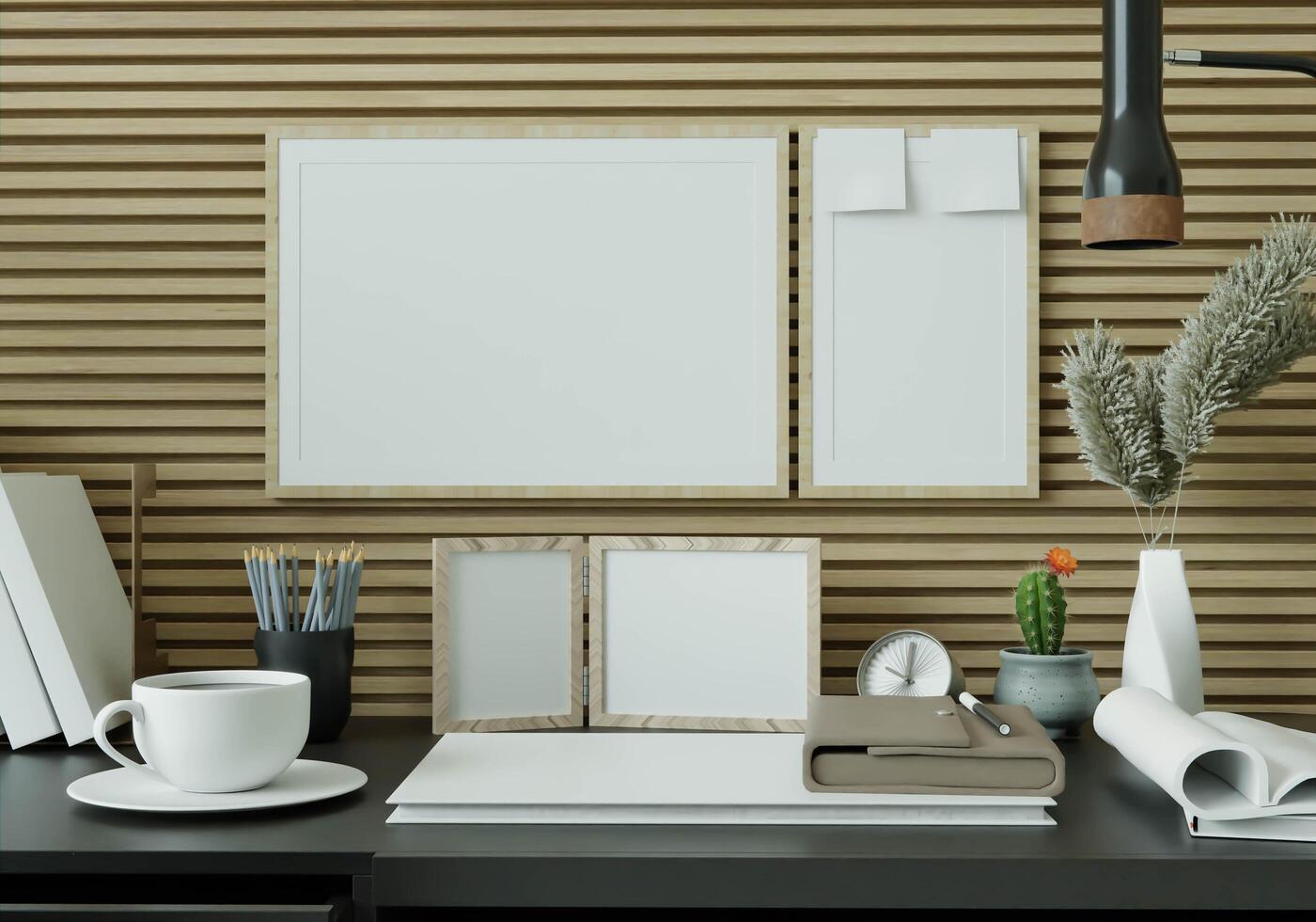 una sala studio con un libro appoggiato su un tavolo nero con cornice. foto