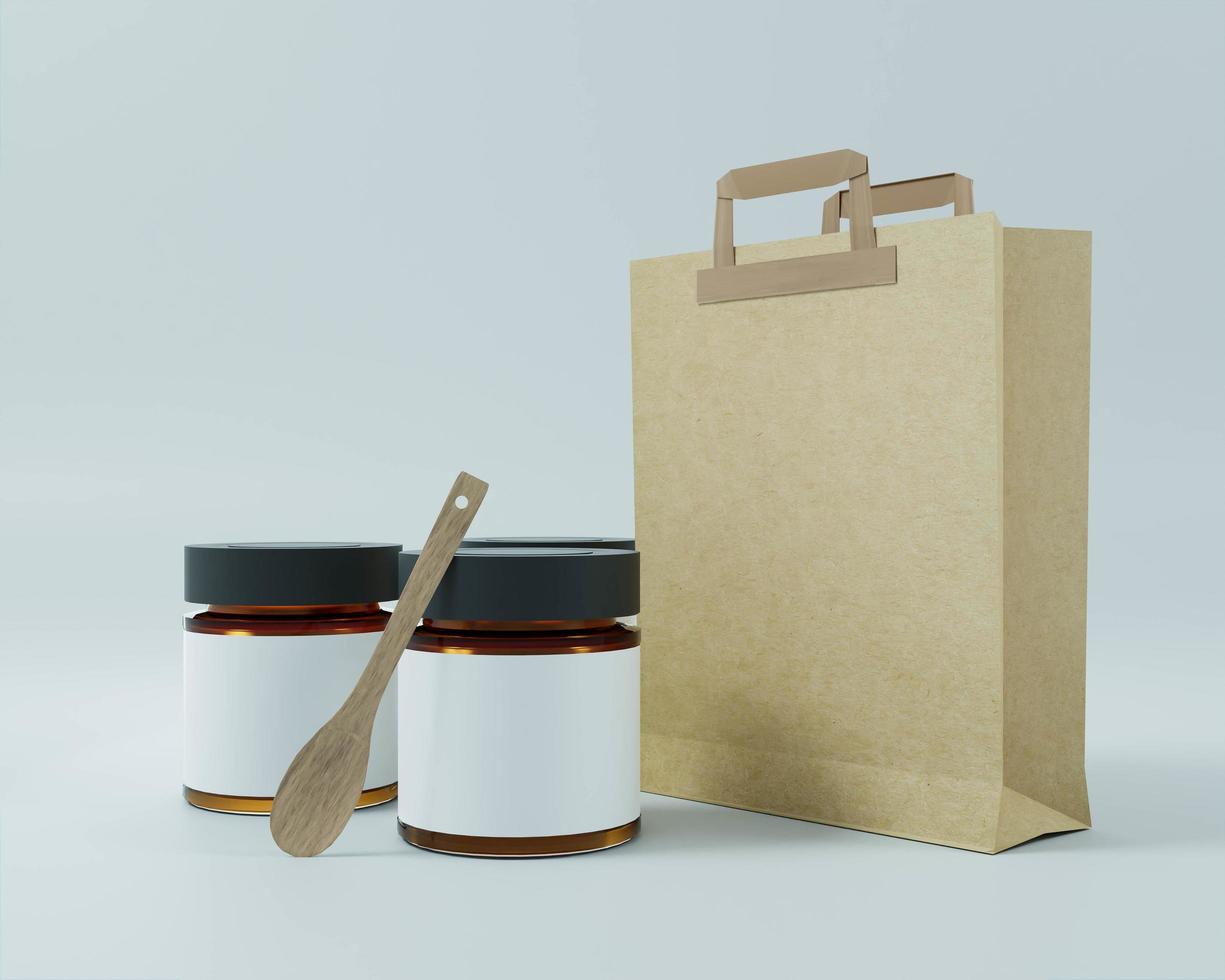 sacchetto di carta con vasetto di marmellata e cucchiaio di legno foto