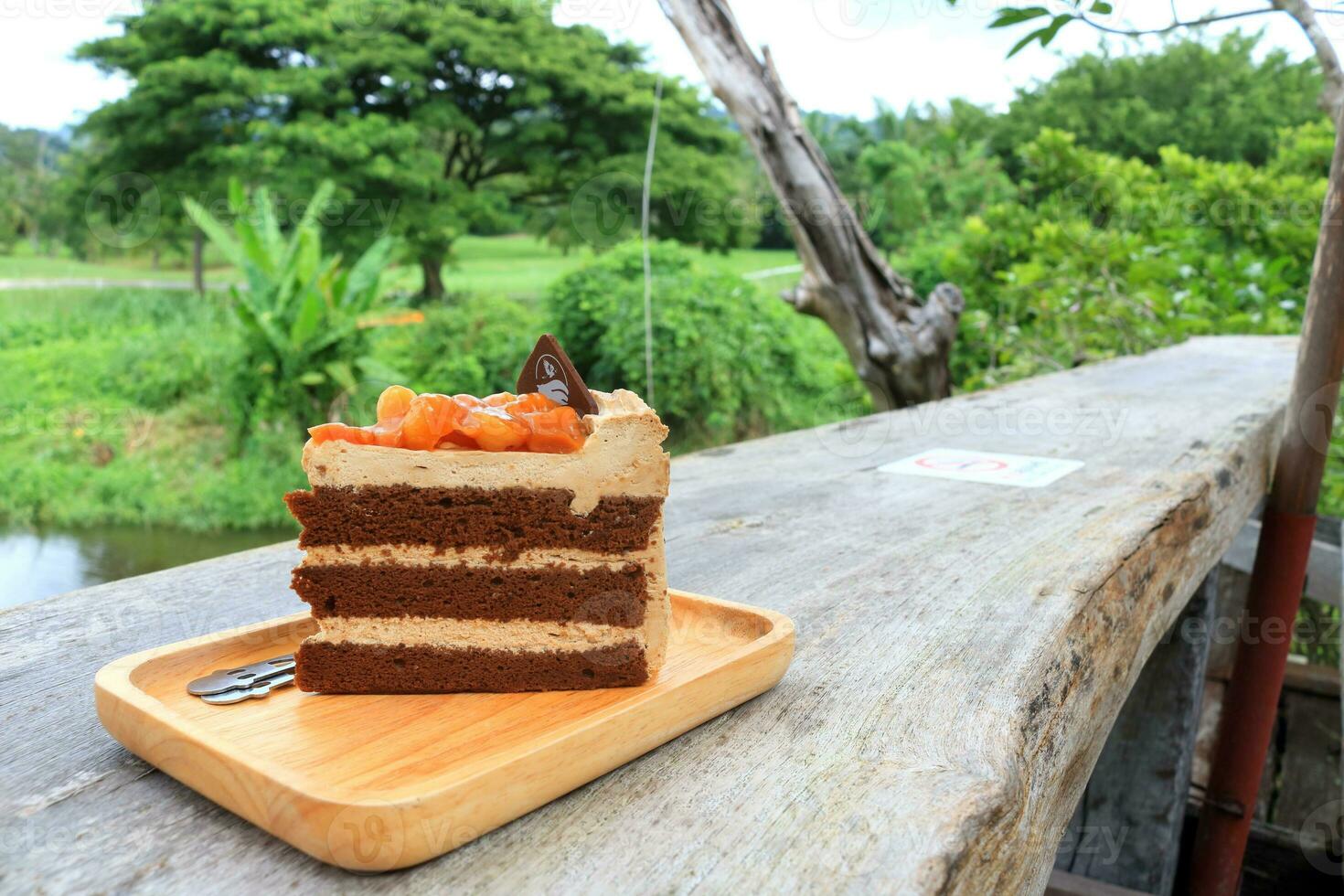 un' pezzo di cioccolato strato torta con guarnizione macadamia Noce con caramello su leggero Marrone legna piatto su vecchio tavola nel naturale ambiente, Tailandia. foto
