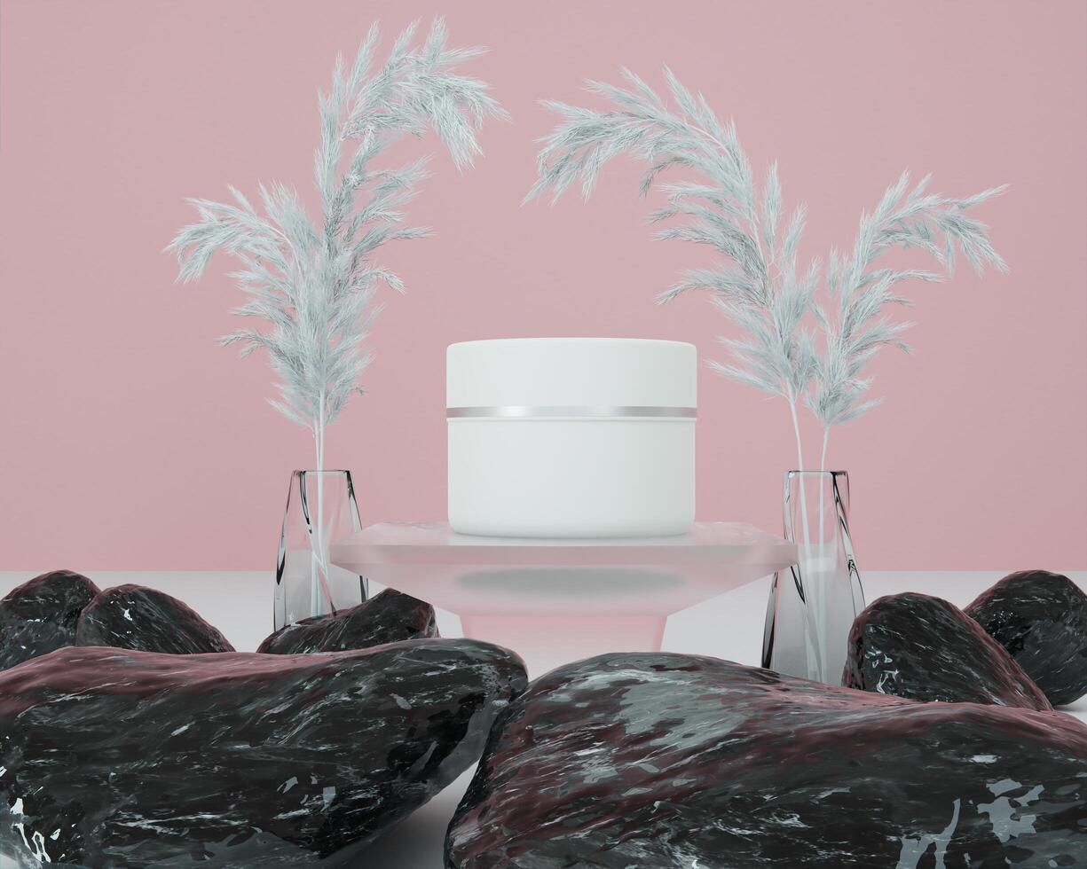 un vasetto di crema bianca posto su uno sfondo rosa foto