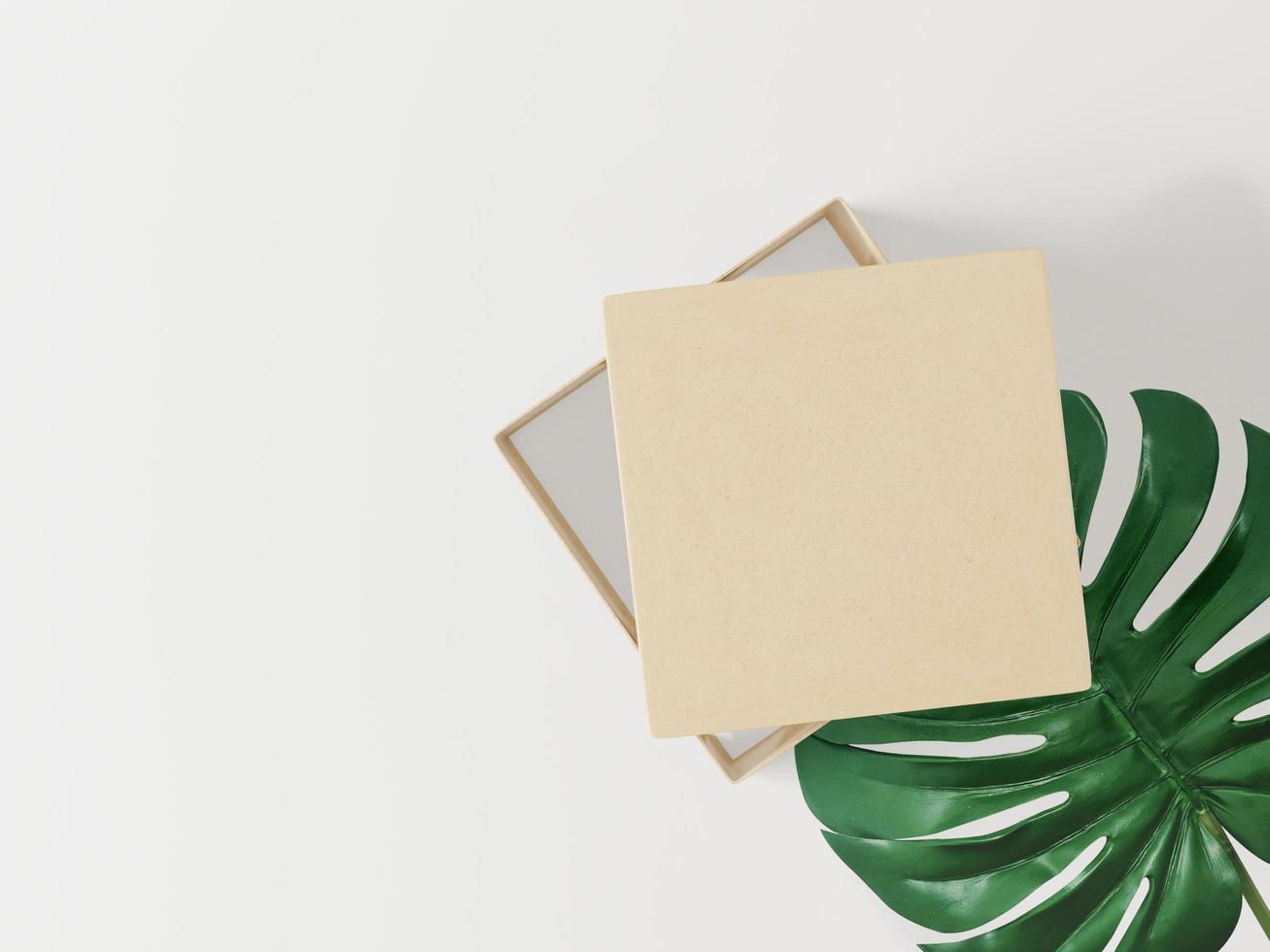 una scatola di carta per appunti su foglie su sfondo bianco foto