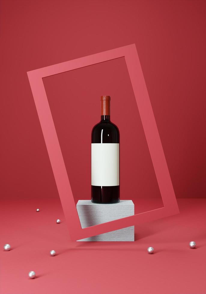 una bottiglia di vino su un piedistallo bianco con cornice rossa. foto