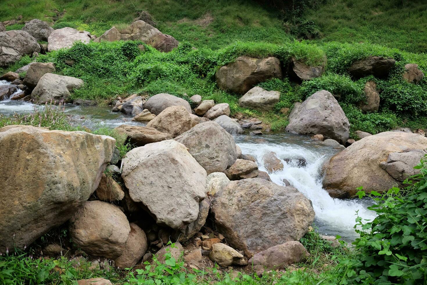 freschezza paesaggio per acqua autunno e ruscello fluente attraverso rocce nel tropicale pioggia foresta e verdura selvaggio giungla. khao chong lom a nakhonnayok Provincia, Tailandia foto