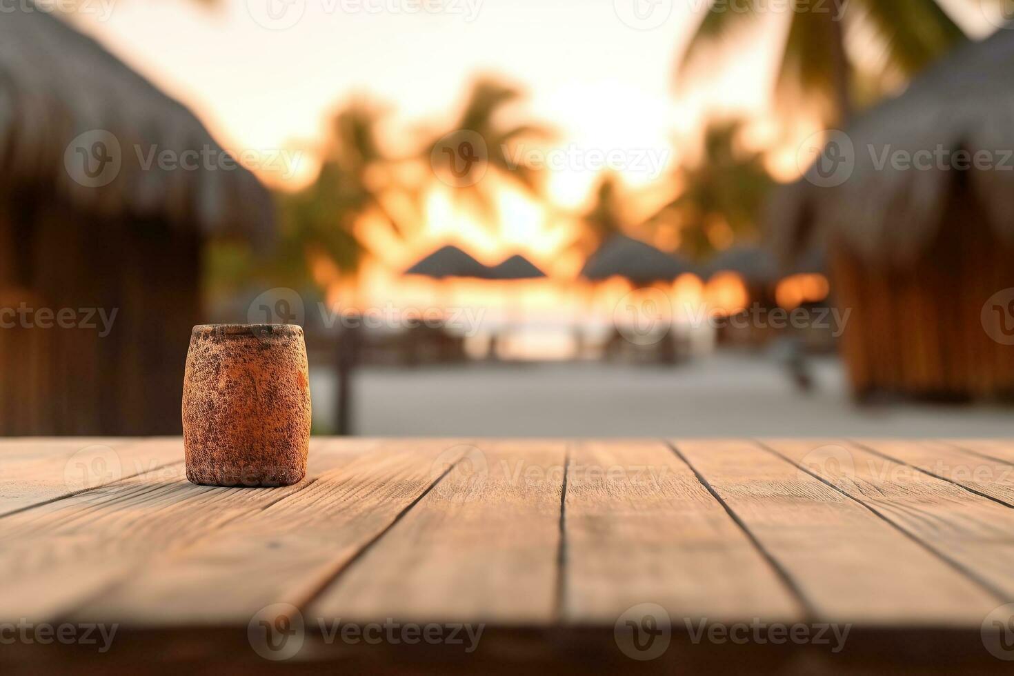 un' foto di un vuoto di legno tavolo con un' tiki spiaggia bar sfocato sfondo generativo ai