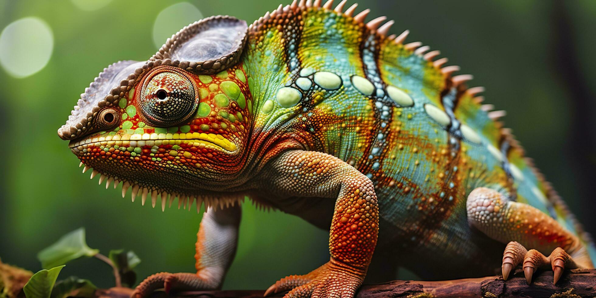 un' colorato vicino su camaleonte con un' alto cresta su suo testa. generativo ai foto