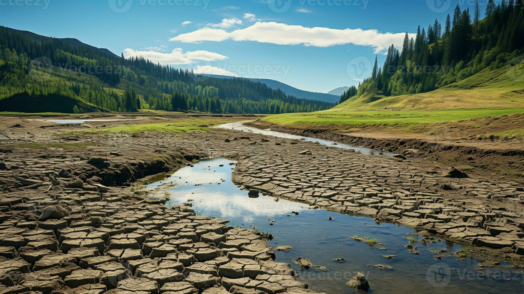 paesaggio di prateria con asciutto lago e blu cielo sfondo. foto