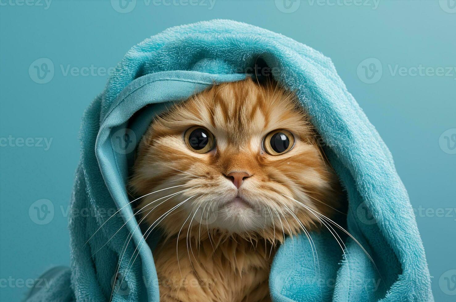 rosso gatto nel un' asciugamano dopo un' doccia. generativo ai foto