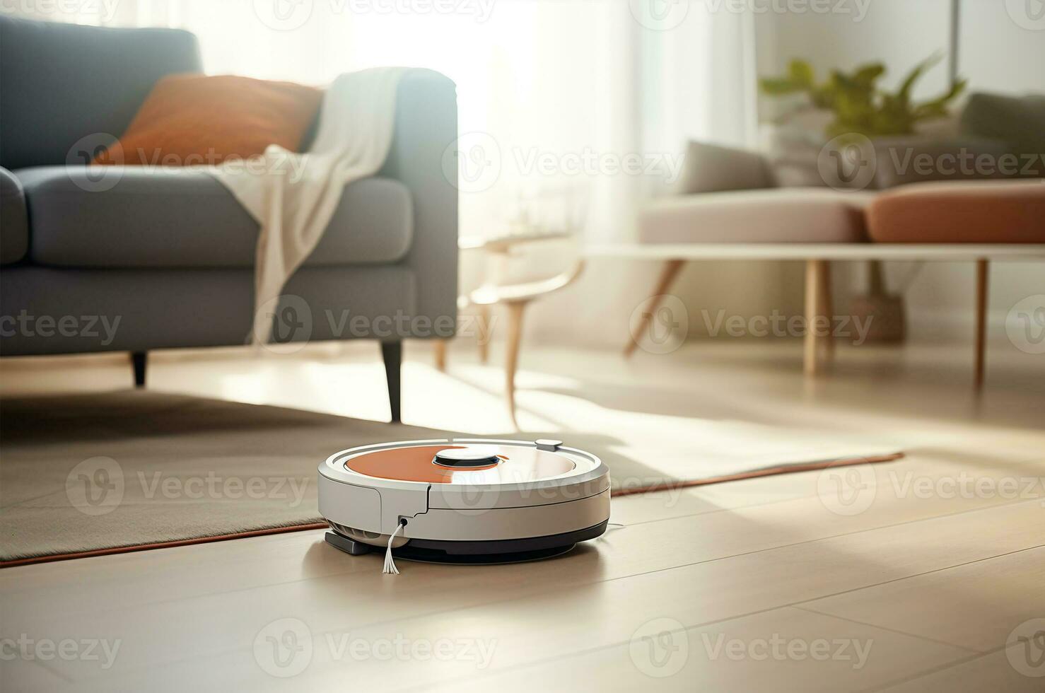 un' robot vuoto addetto alle pulizie pulisce un' soleggiato, luminosa appartamento. generativo ai foto