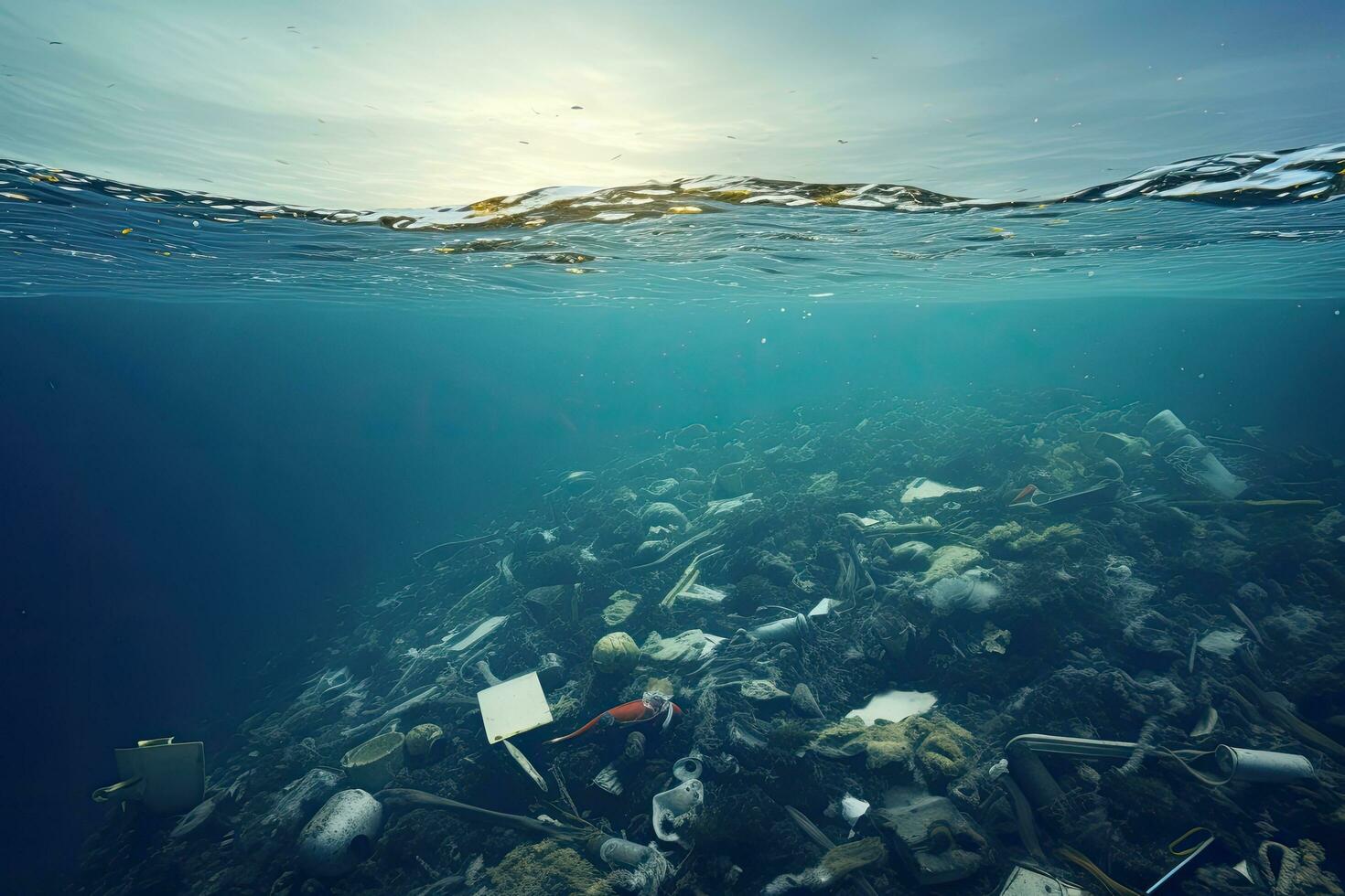 subacqueo Visualizza di sciocchezze e spazzatura galleggiante nel il mare. ambientale inquinamento , plastica rifiuto nel il mare. ambientale inquinamento concetto. 3d rendering, ai generato foto