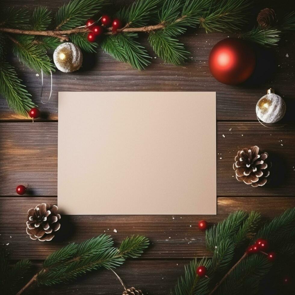 ai generato modello di vuoto invito saluto carta su Natale a tema sfondo. foto