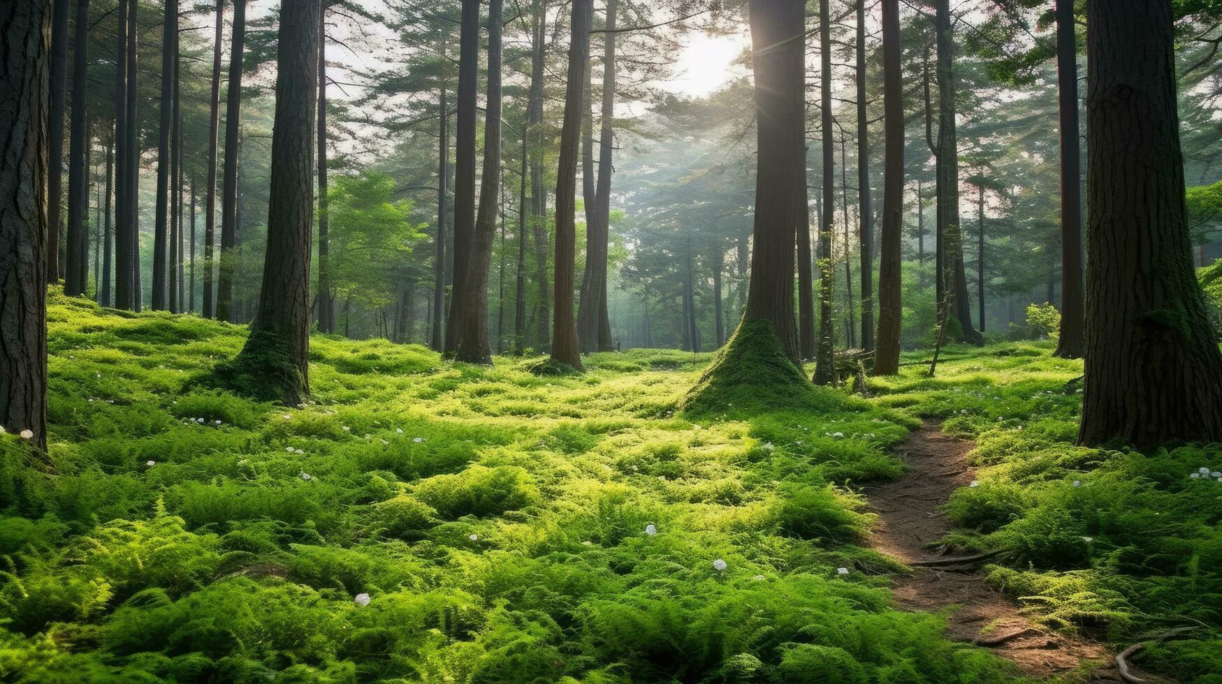 ai generato un' Visualizza di un' lussureggiante sempreverde foresta con verde muschio attaccamento per rocce e un' ruscello fluente attraverso esso foto