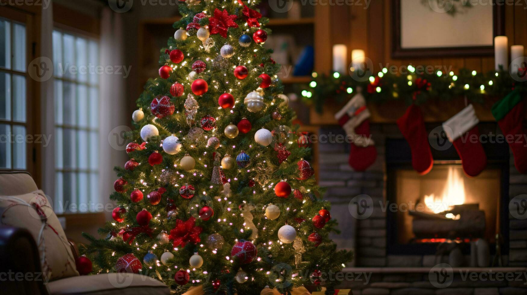 ai generativo meravigliosamente decorato Natale casa, con bokeh luci e finestra foto