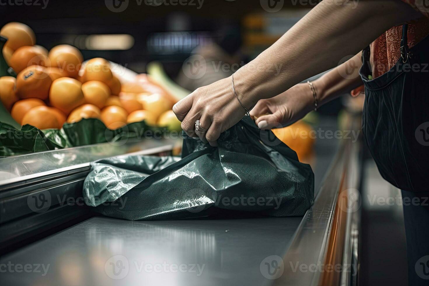 persone mani Imballaggio cibo nel verde riutilizzabile Borsa a drogheria negozio. ecologia concetto, Salva il pianeta. generativo ai. foto