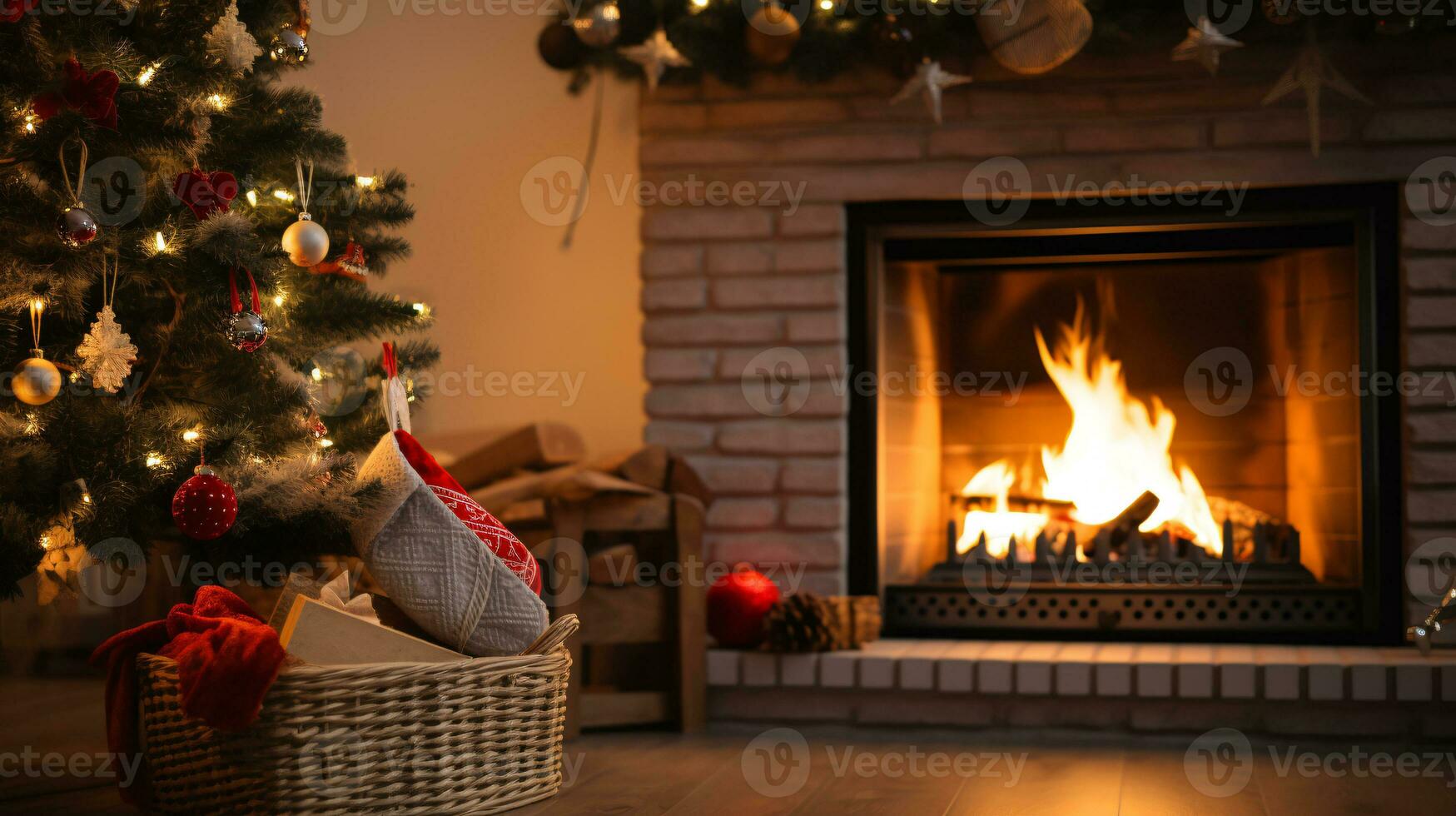 ai generativo meravigliosamente decorato Natale casa con camino foto