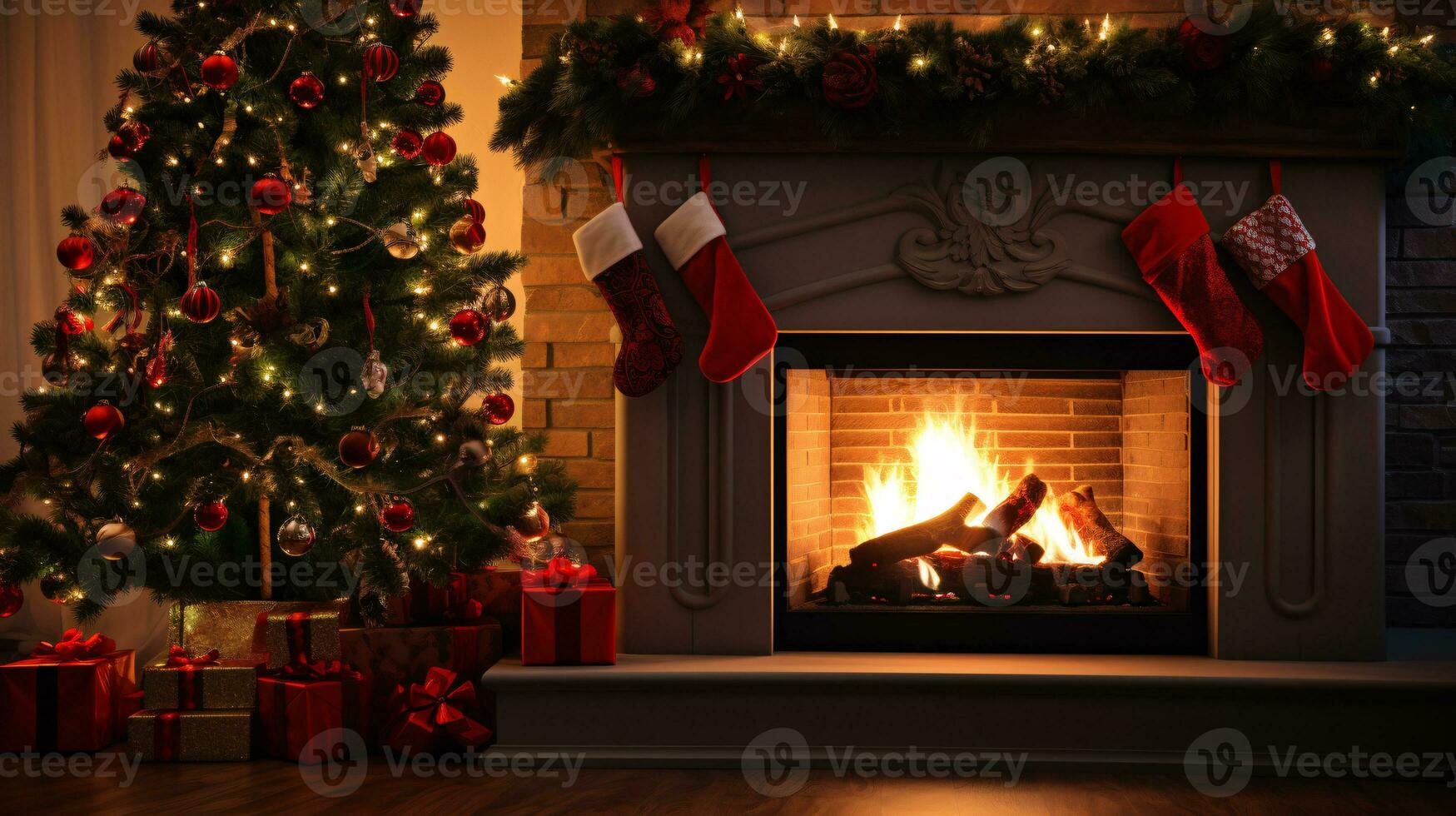 ai generativo meravigliosamente decorato Natale casa con camino foto