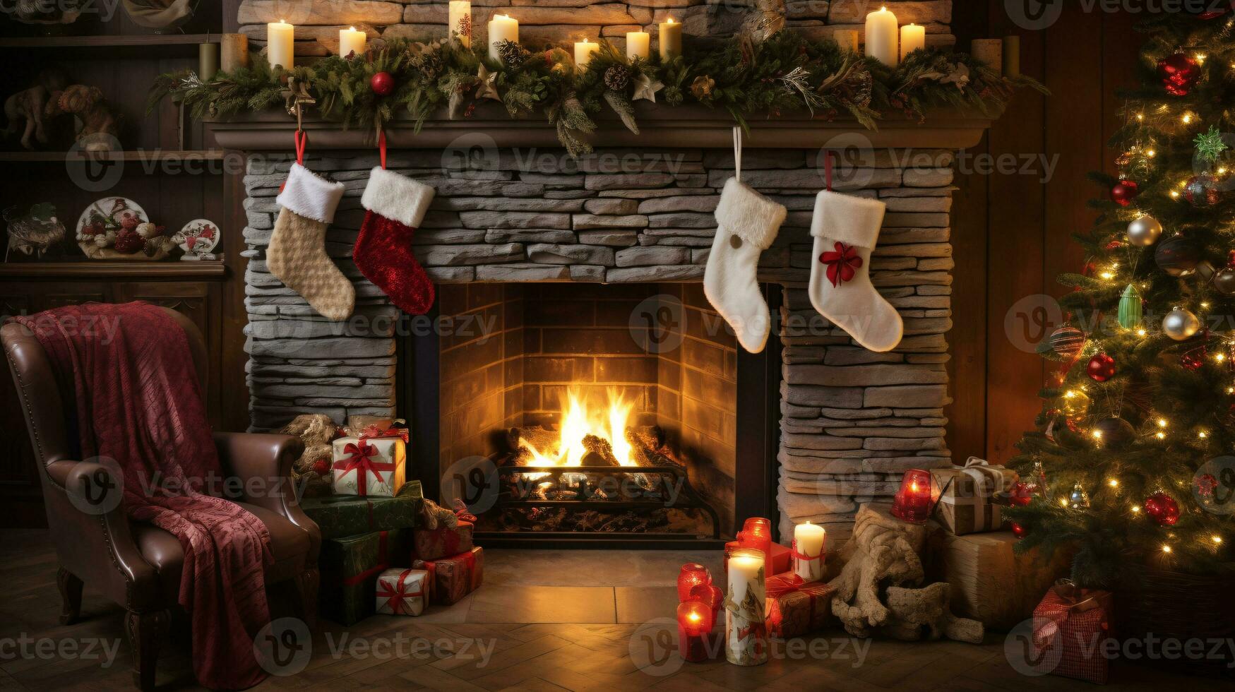 ai generativo meravigliosamente decorato Natale casa con camino foto