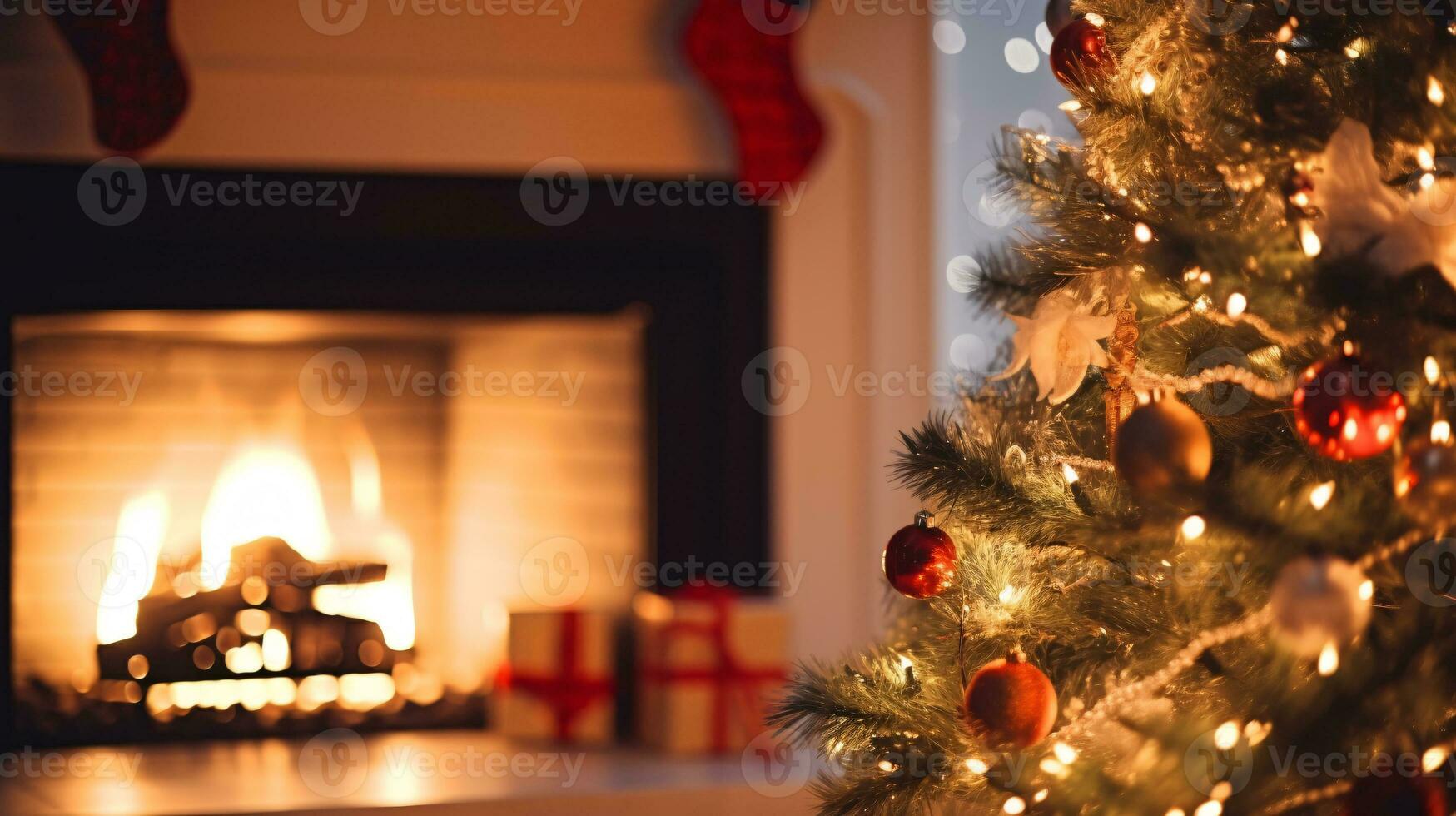ai generativo meravigliosamente decorato Natale casa con camino foto