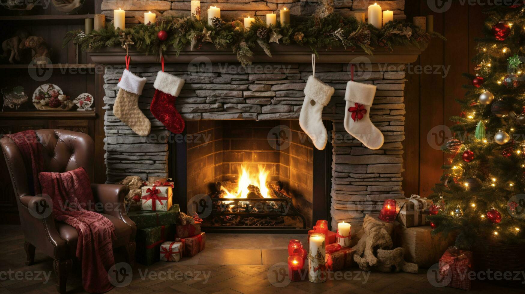 ai generativo meravigliosamente decorato Natale casa con camino foto