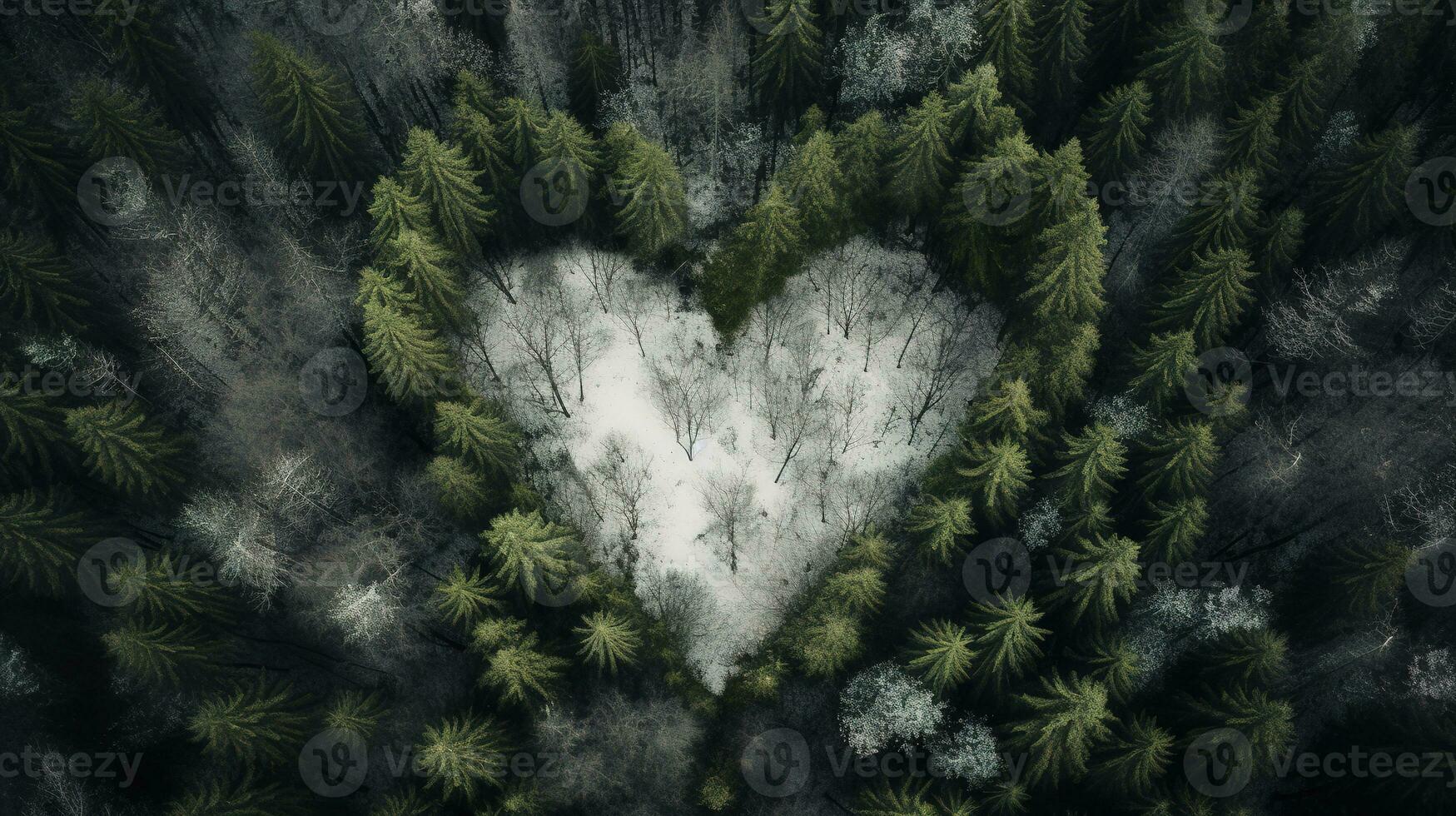 generativo ai, nebbioso inverno abete foresta con cuore forma, bellissimo paesaggio nel fricchettone Vintage ▾ retrò stile, sempreverde alberi con mostrare foto